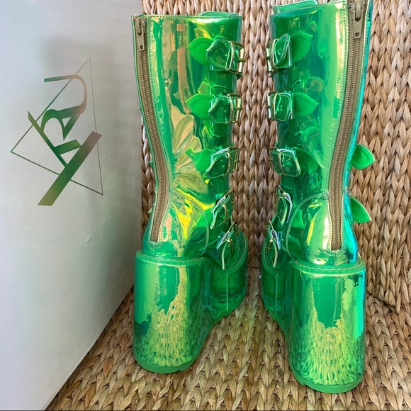 New YRU Dune Weed Green Holo Platform  Boots - Picture 7 of 8